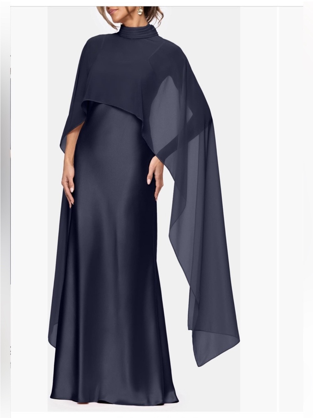 ✨NEW✨ Xscape Laura Satin Gown Chiffon Overlay Sheer Shawl in Blue 7521X